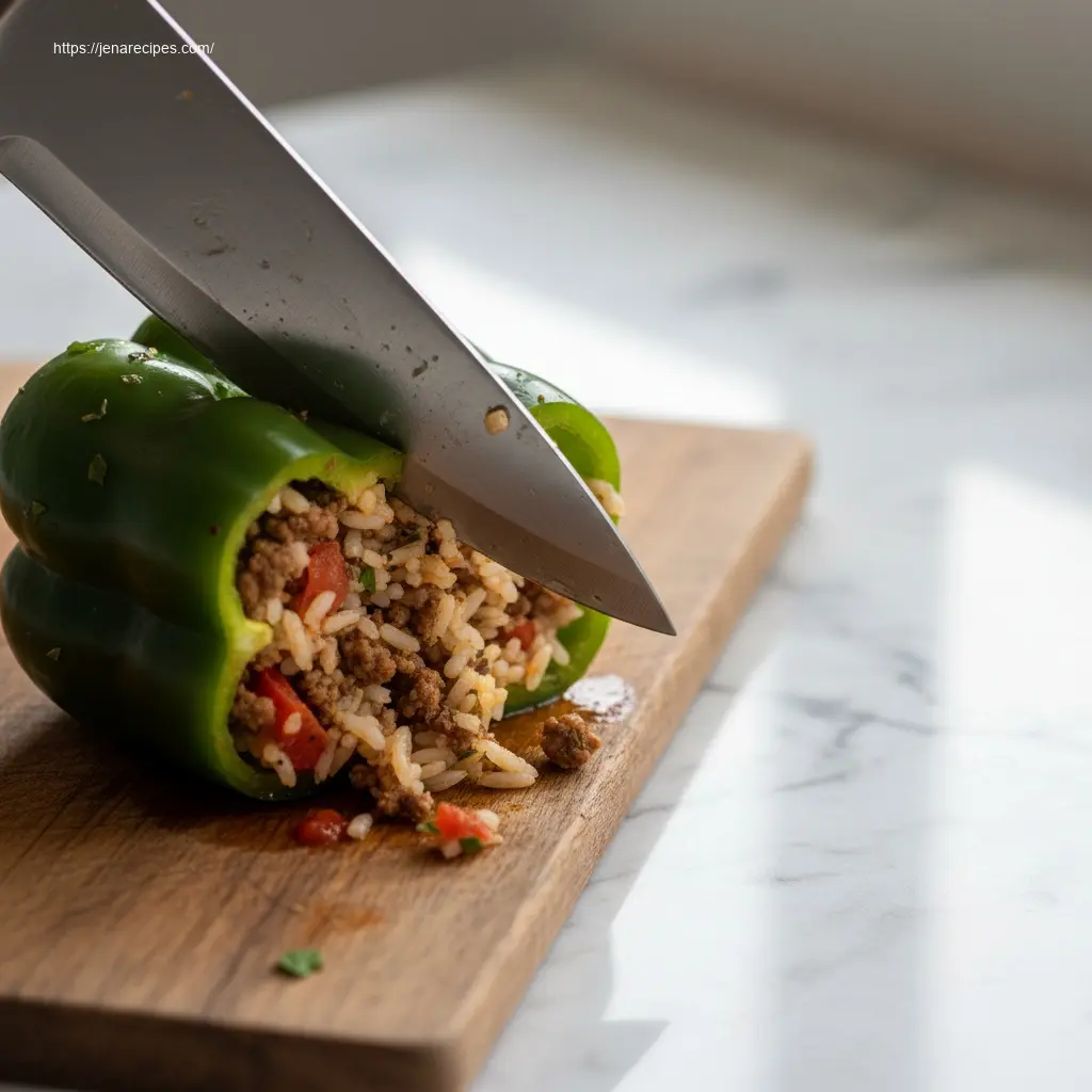 Close-up of Easy Stuffed Bell Peppers being sliced.