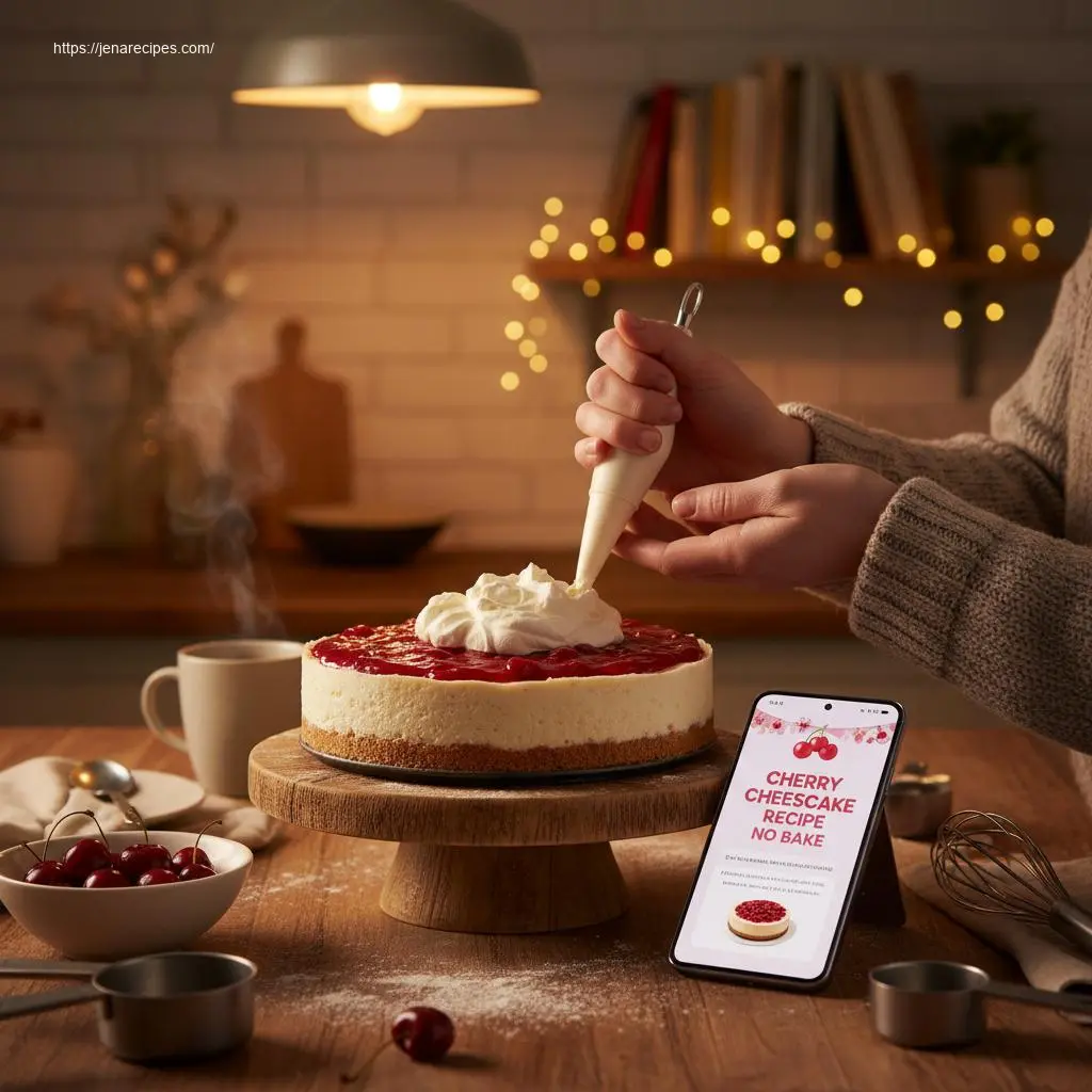 Hands adding whipped cream to cherry cheesecake.
