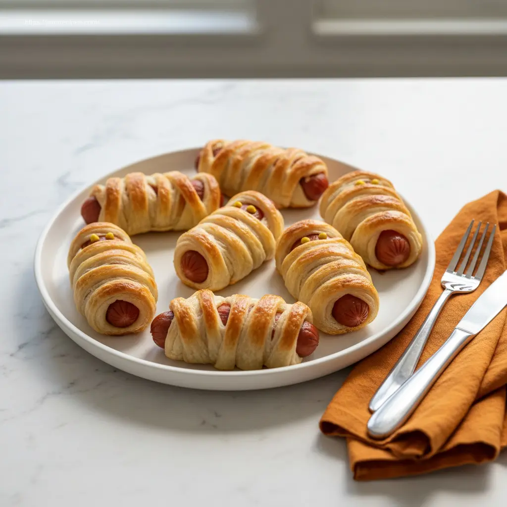 45-degree view of mummy hot dogs, 12 easy Halloween party foods