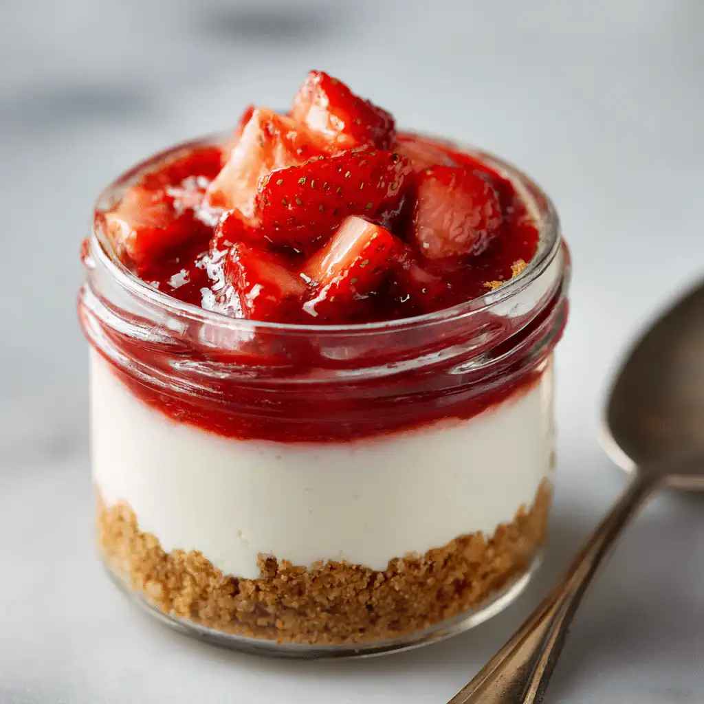 Close-up of no-bake cheesecake jar with creamy filling, graham crust, and fresh berries
