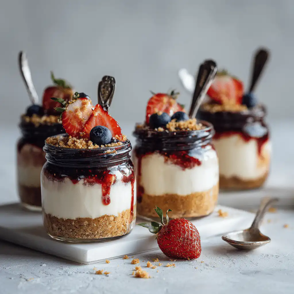 No-bake cheesecake jar with graham crust, creamy filling, and strawberry topping