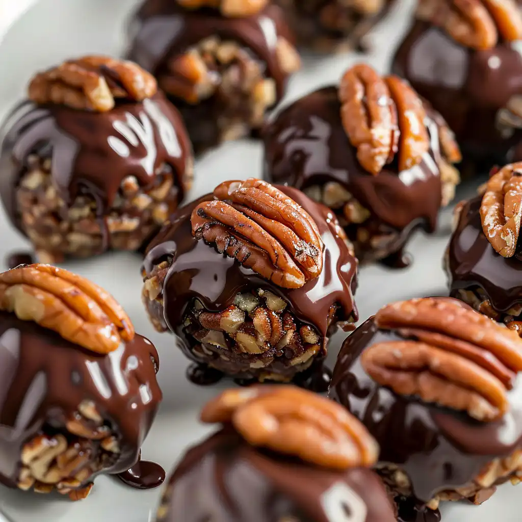 Plate of no bake pecan pie balls topped with pecans and drizzled with chocolate.