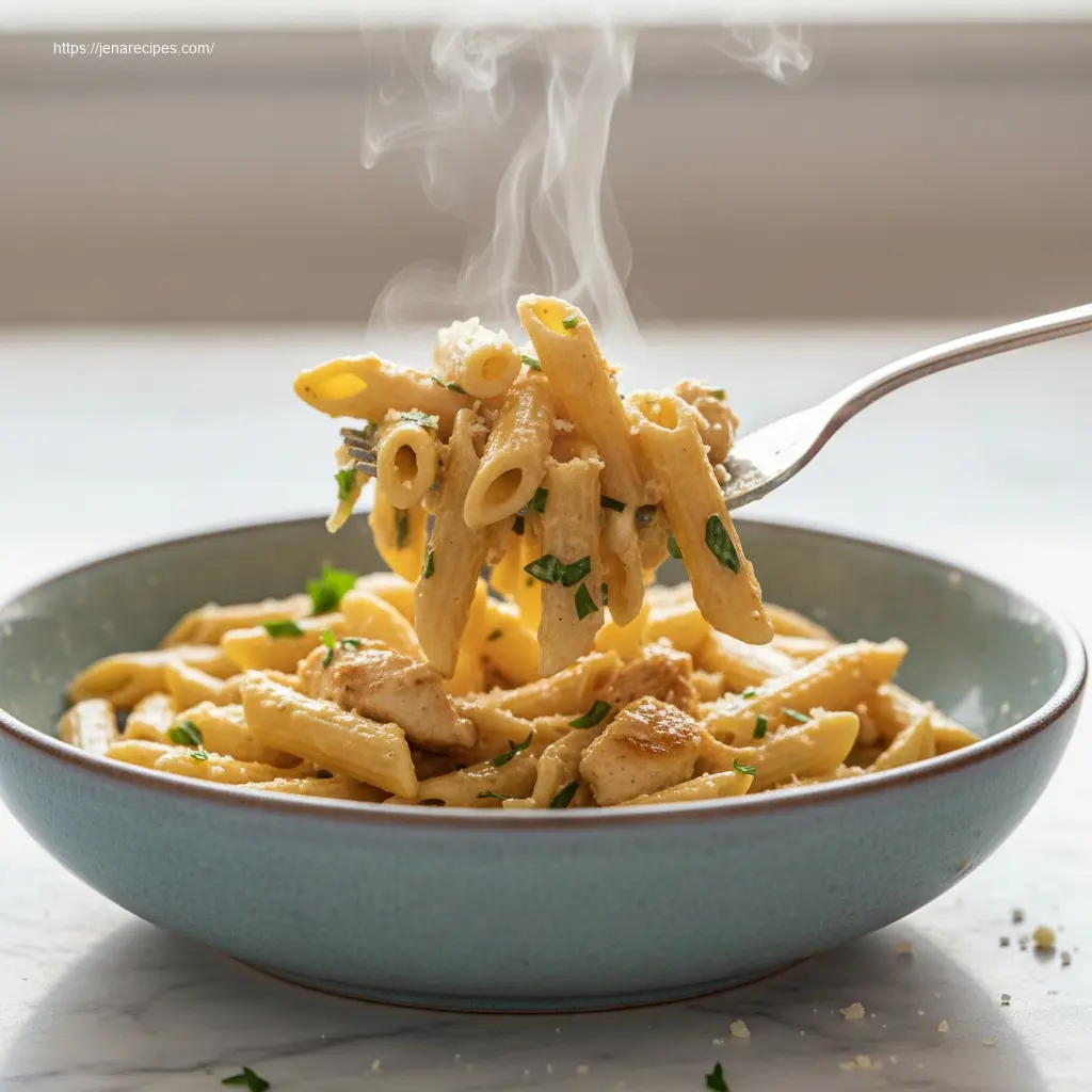 Close-up of fork lifting Healthy Garlic Parmesan Chicken Pasta.