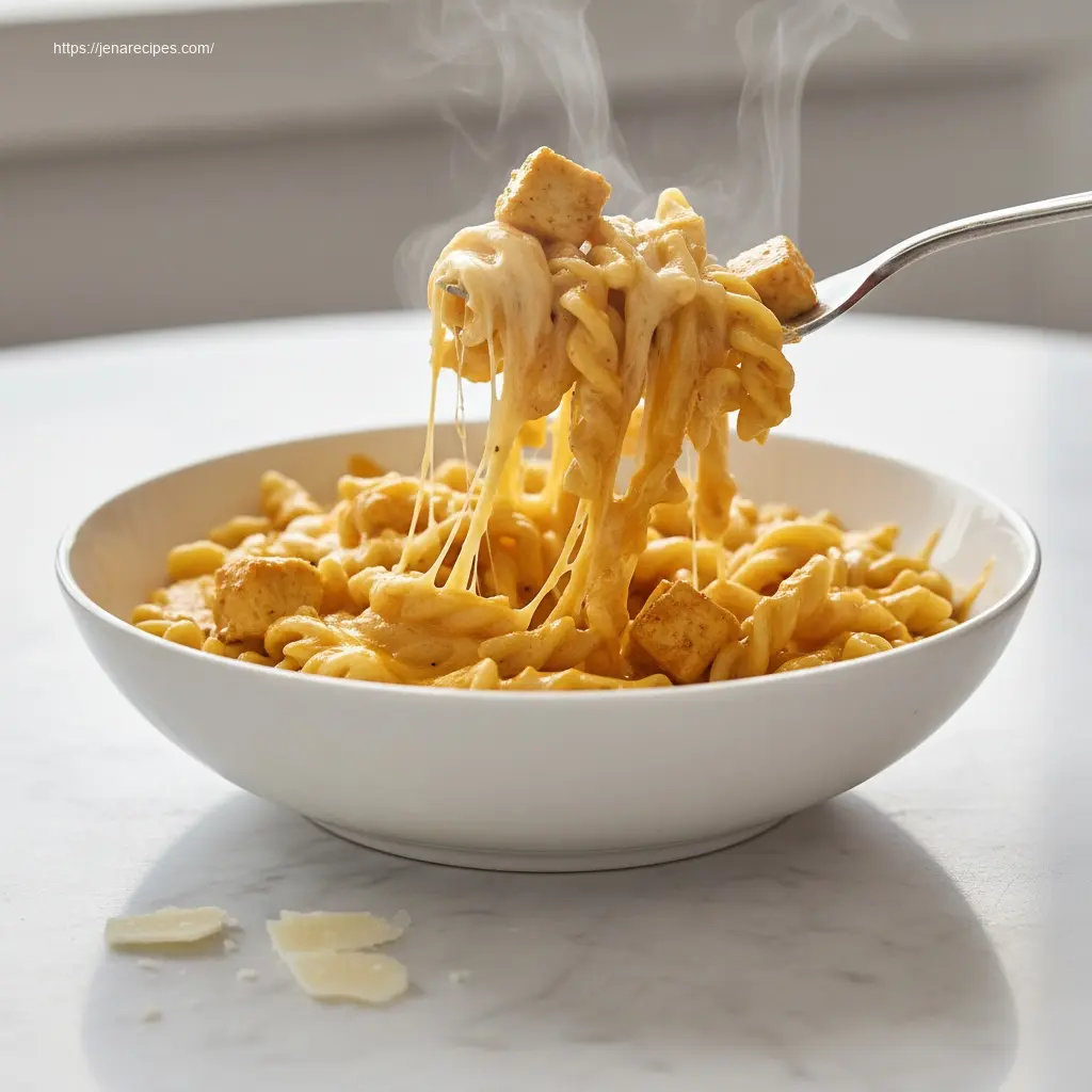 Fork lifts creamy cheesy chicken pasta, showing rich texture.