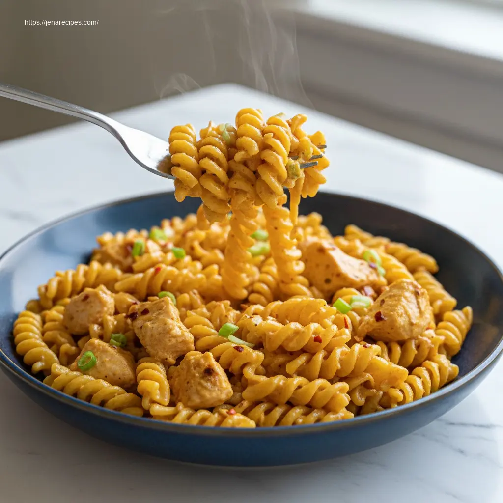 Close-up of Crock Pot Creamy Cajun Chicken Pasta being lifted by a fork.