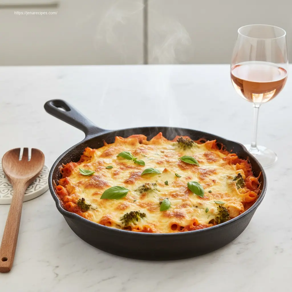 Cheesy chicken pasta bake with broccoli and tomato in a skillet.