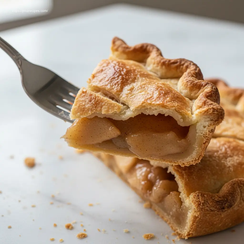 Close-up of a fork lifting a piece of homemade Apple Pie Recipe.