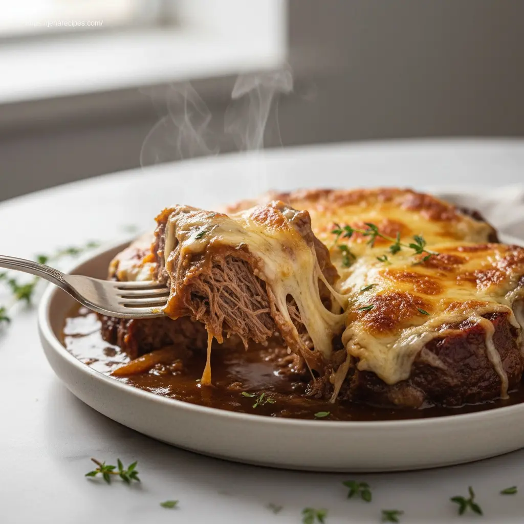 Close-up of fork lifting a piece of French Onion Pot Roast.