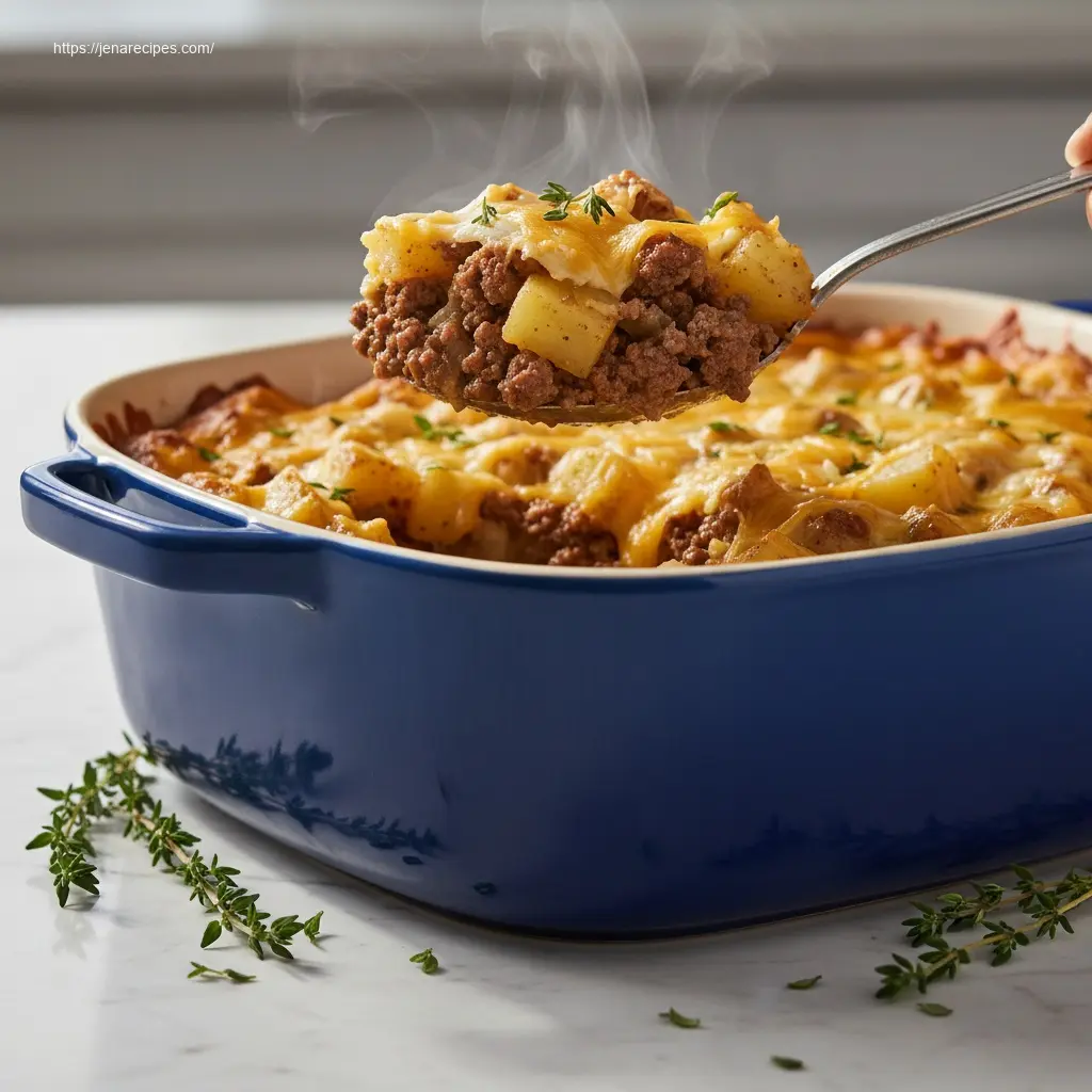 Spoon lifting steamy Crockpot Hamburger Potato Casserole.