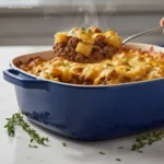 Spoon lifting steamy Crockpot Hamburger Potato Casserole.