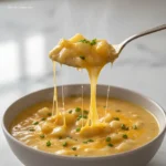 Spoon lifting Crockpot Cheddar Garlic Potato Soup, close-up