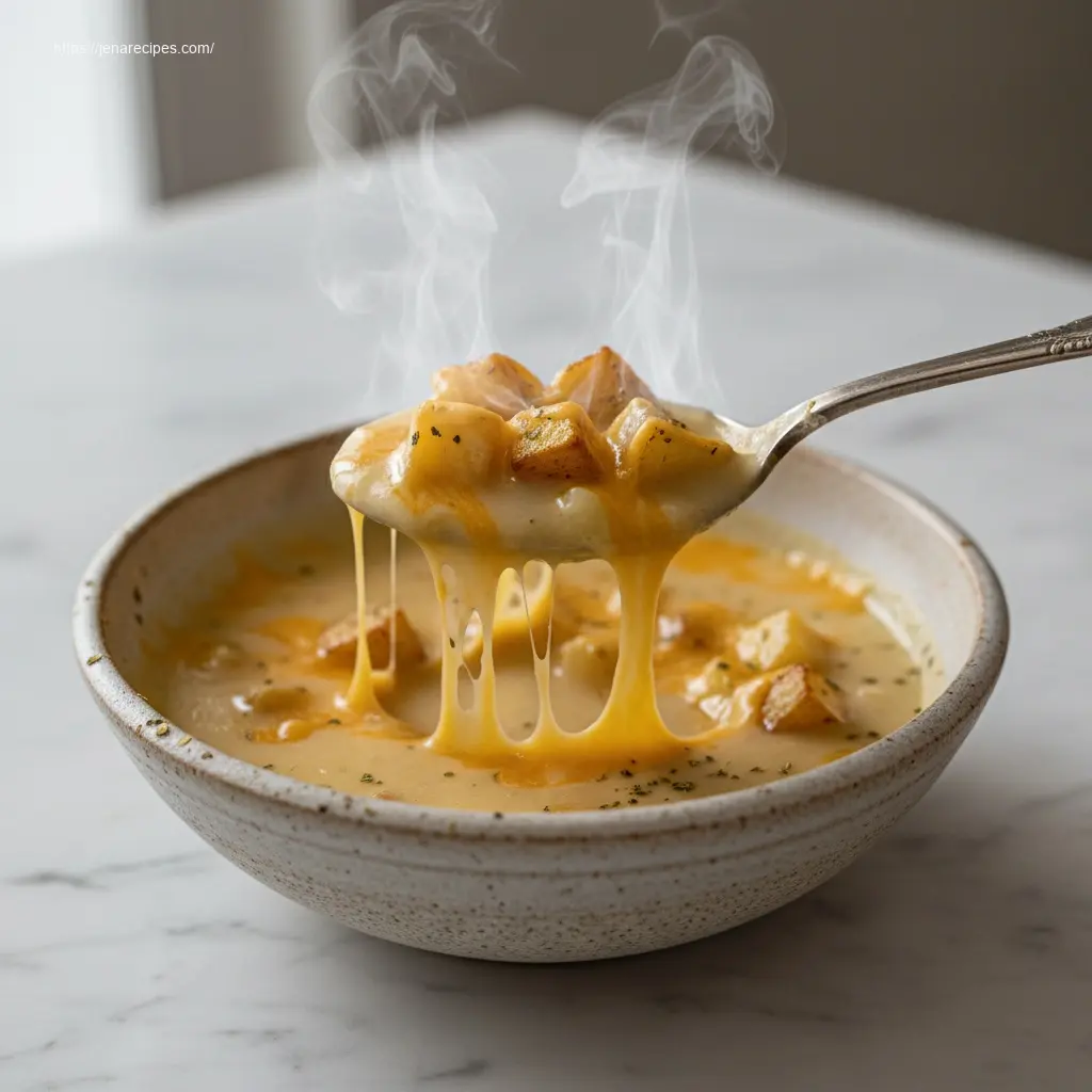 Spoon lifting Hearty Cheddar Garlic Herb Potato Soup recipe.