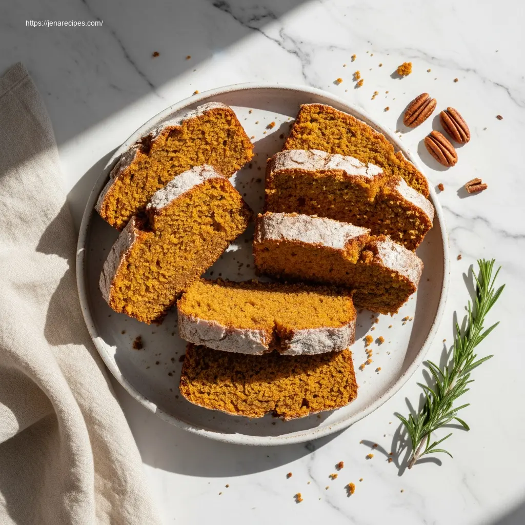 Overhead shot of Super Moist Pumpkin Bread slices on a white platter.