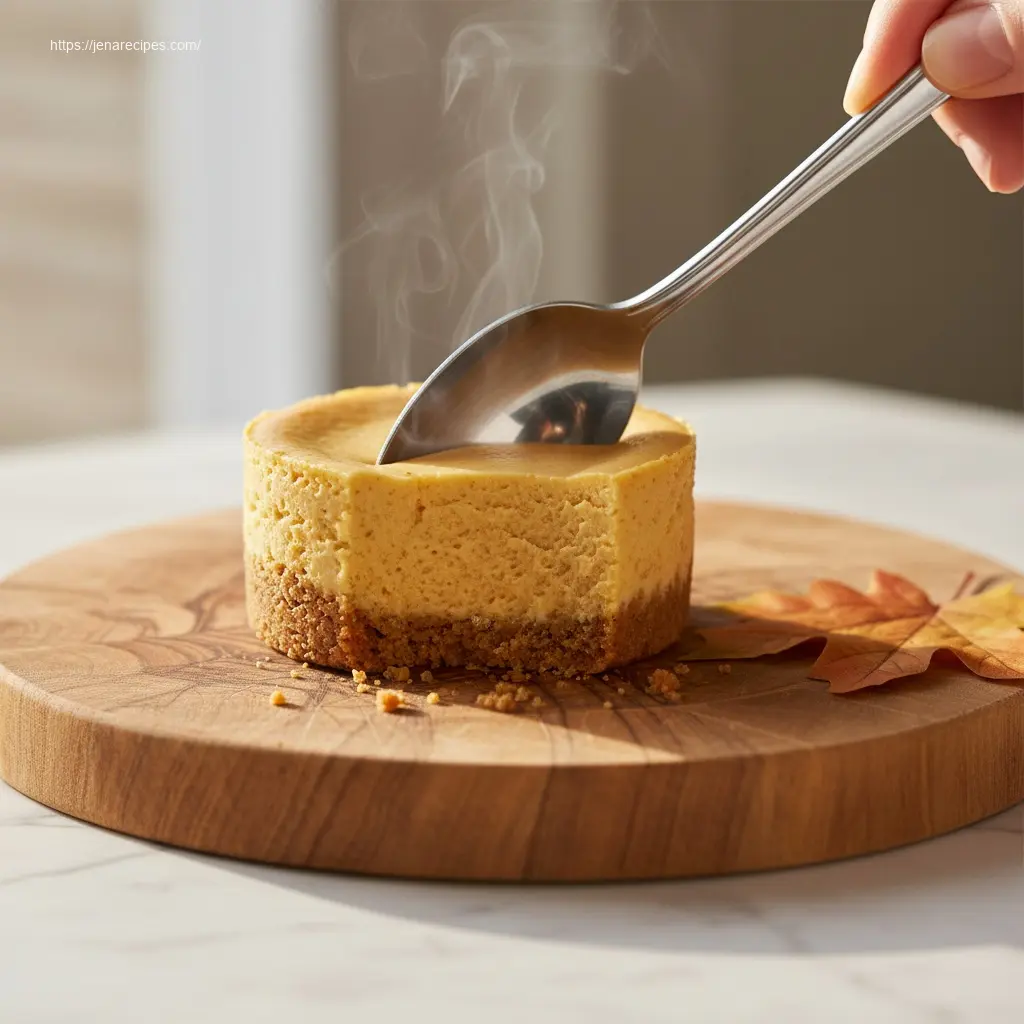 Close-up of Mini Pumpkin Cheesecakes being sliced.