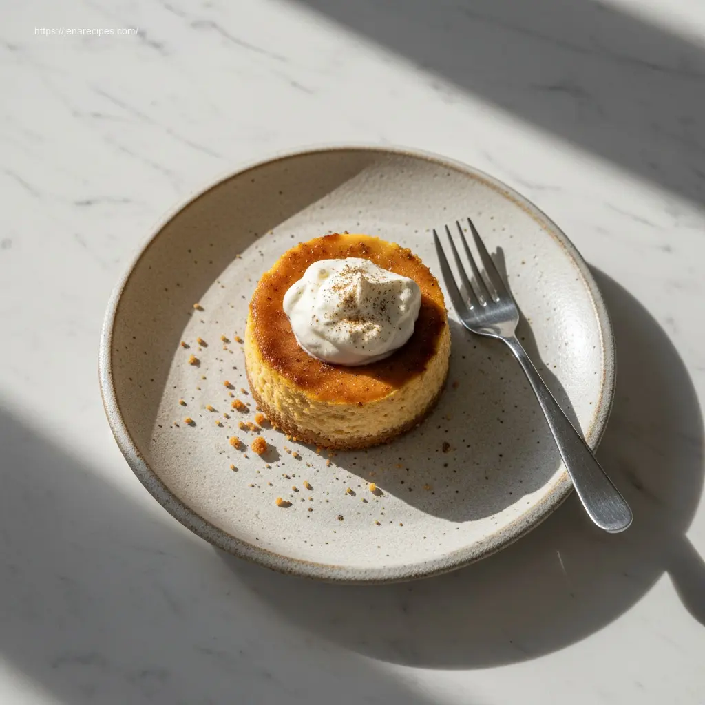 45-degree shot of a creamy Mini Pumpkin Cheesecakes.
