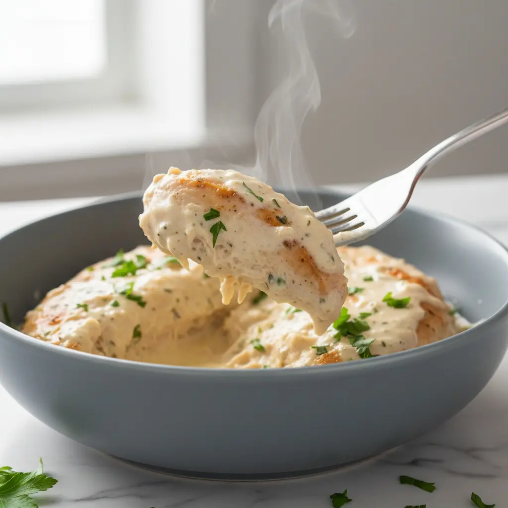 Fork lifting creamy crock pot ranch chicken
