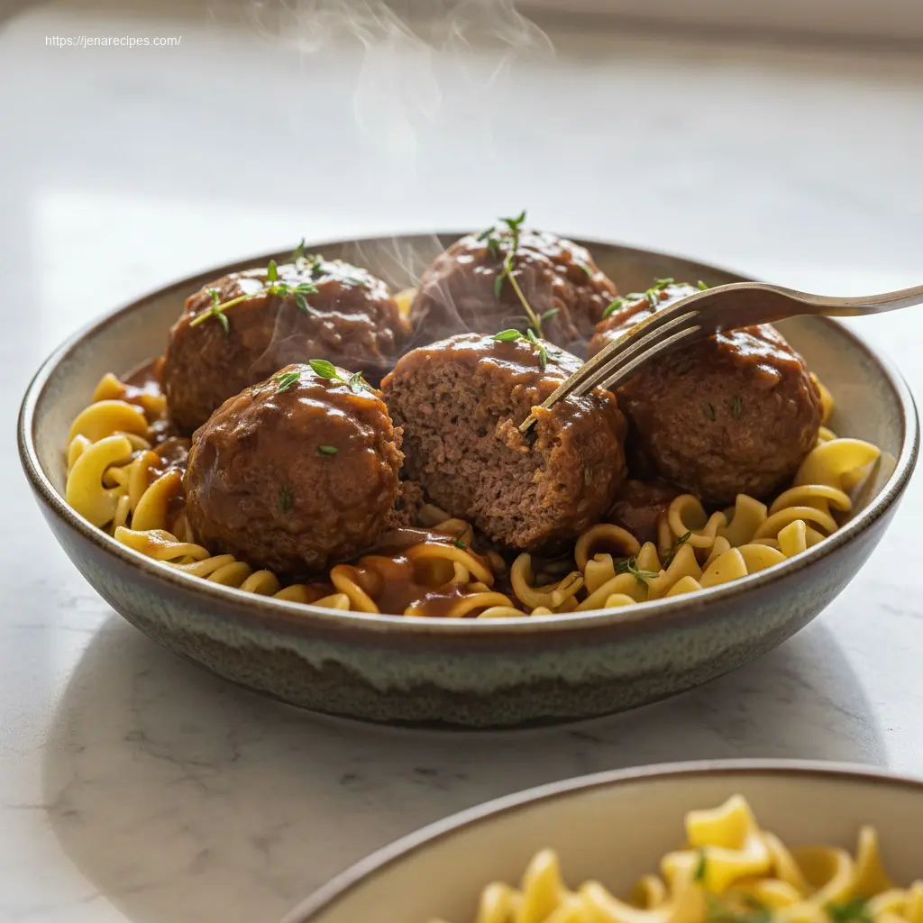 Spoon lifting a Slow Cooker Salisbury Steak Meatball.