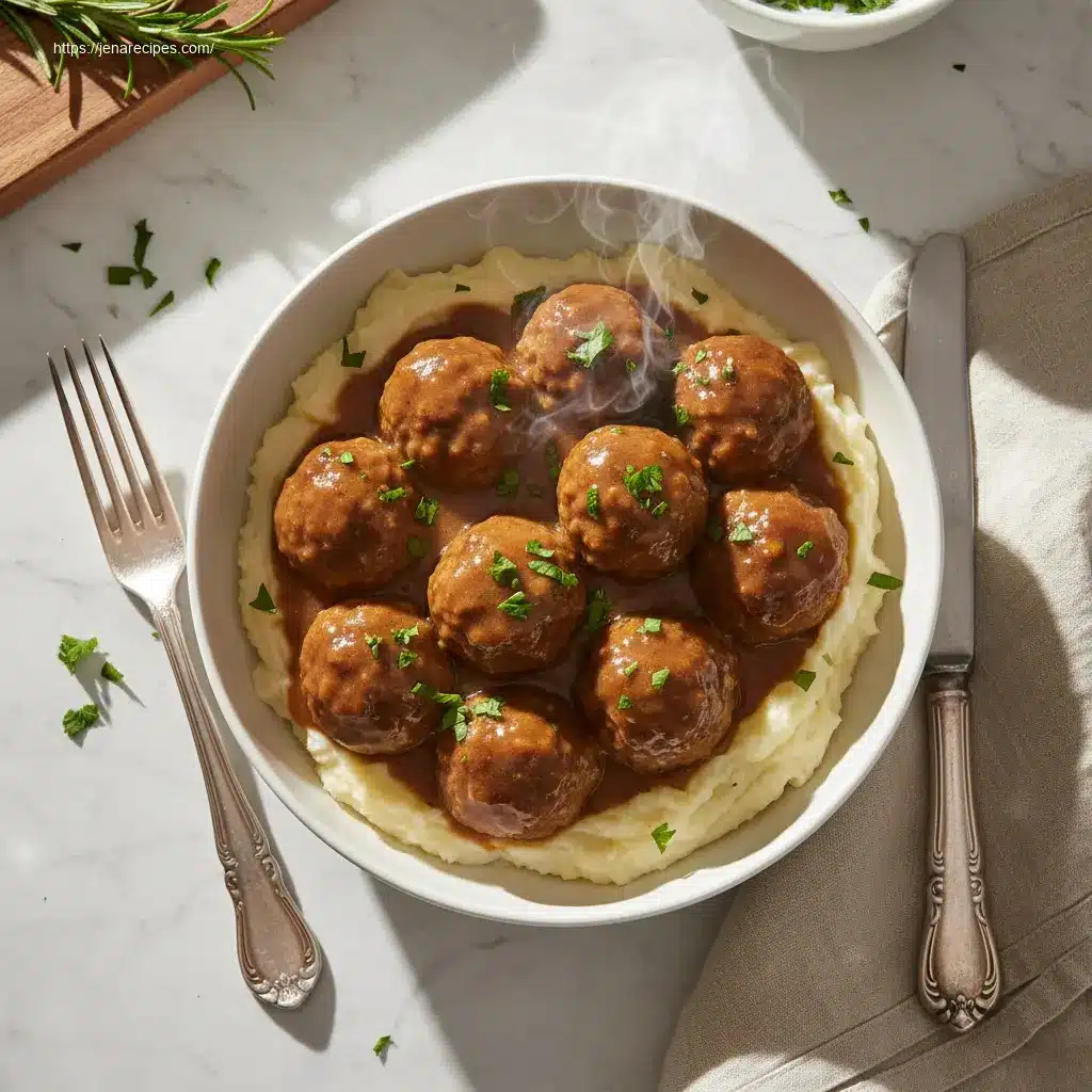 Delicious Slow Cooker Salisbury Steak Meatballs with gravy.