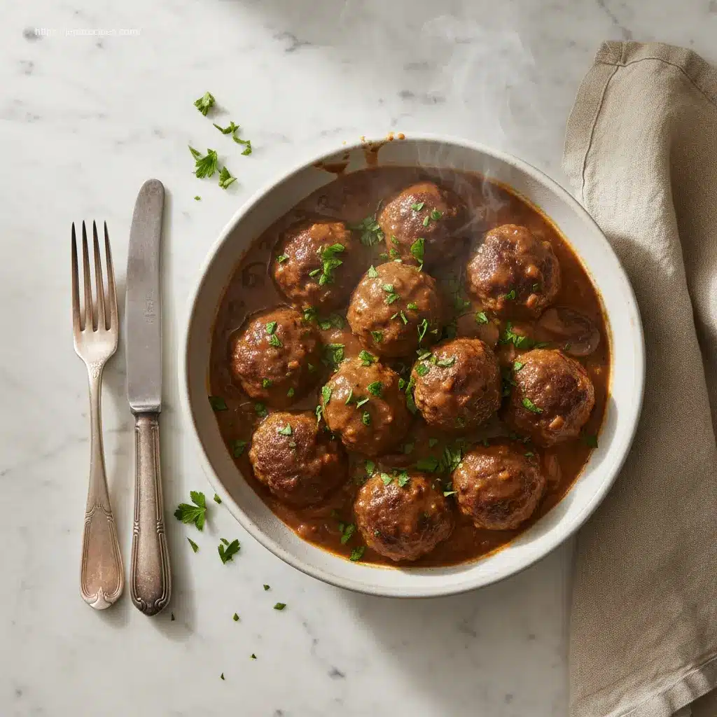 Delicious Slow Cooker Salisbury Steak Meatballs in gravy.