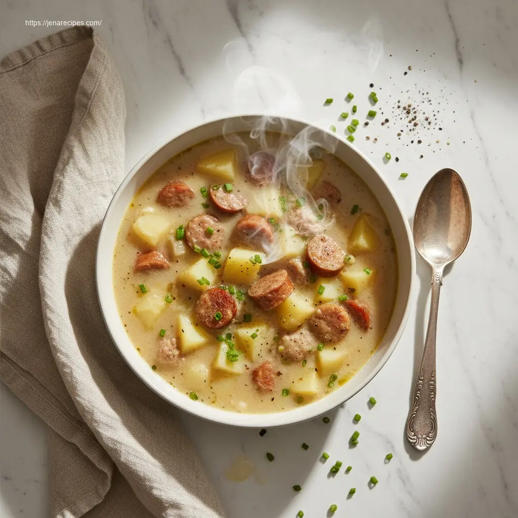 Creamy sausage potato soup in a ceramic bowl.