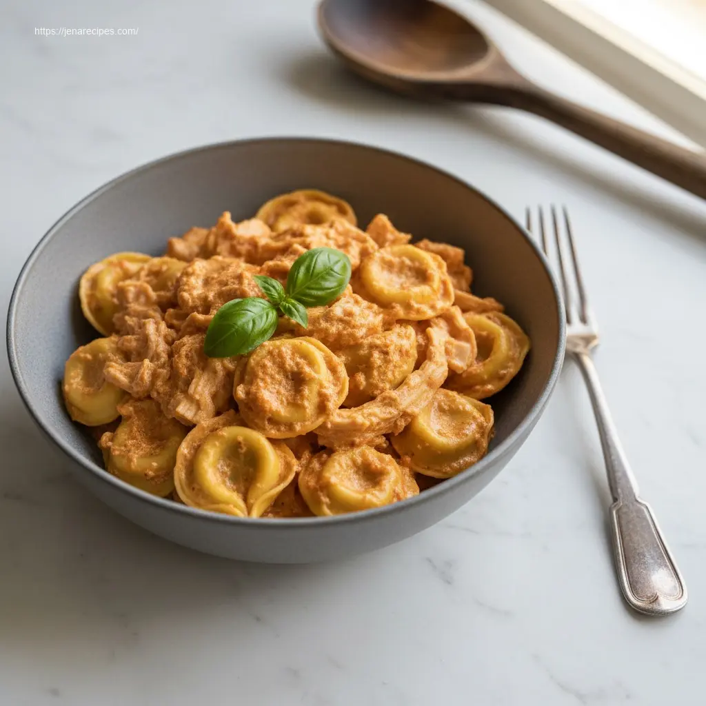 Crockpot Chicken Tortellini in a grey bowl with a fork.