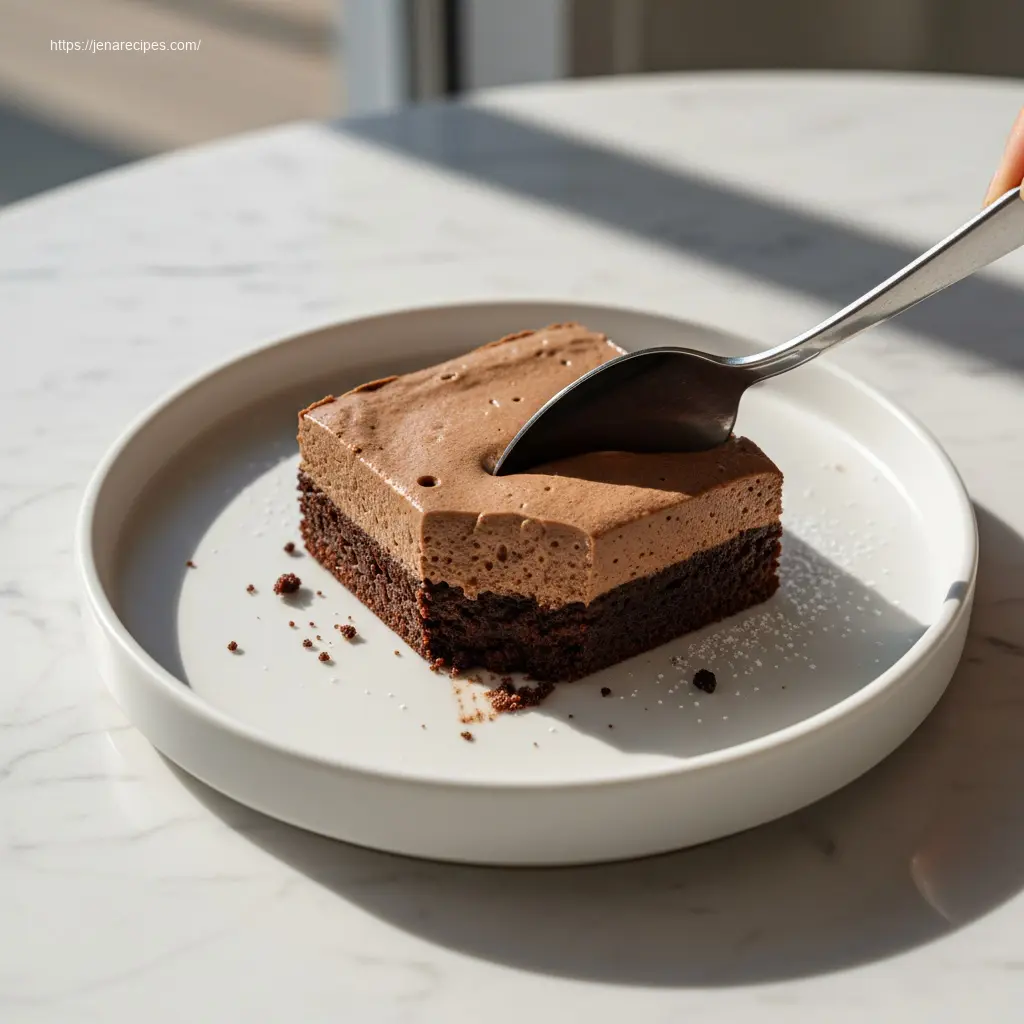 Spoon digging into a rich Chocolate Mousse Brownie.