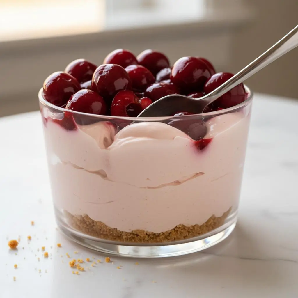 Spoon scooping creamy no bake cherry cheesecake.