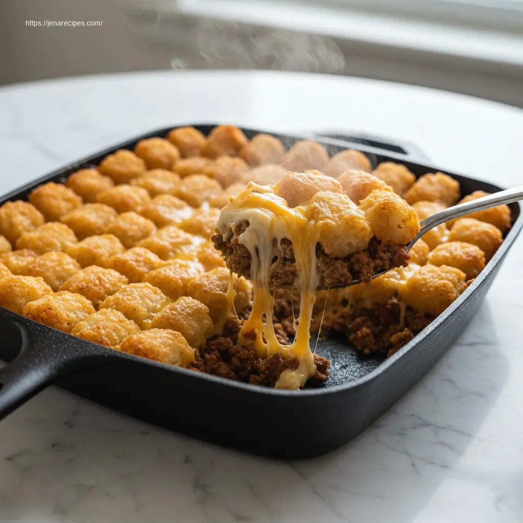 Spoon scooping hot Tater Tot Casserole with Ground Beef.