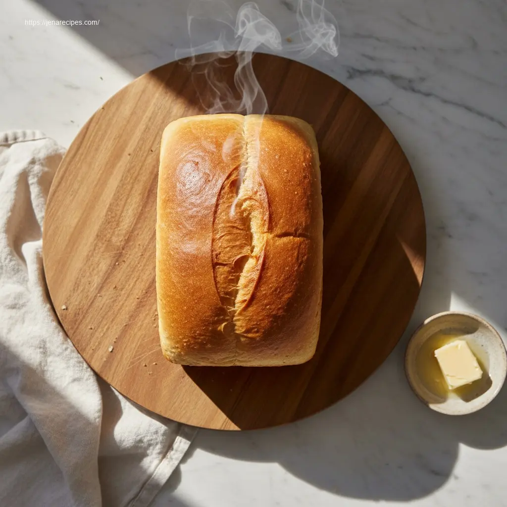 Freshly baked Shokupan Japanese Milk Bread Loaf on a white marble table.