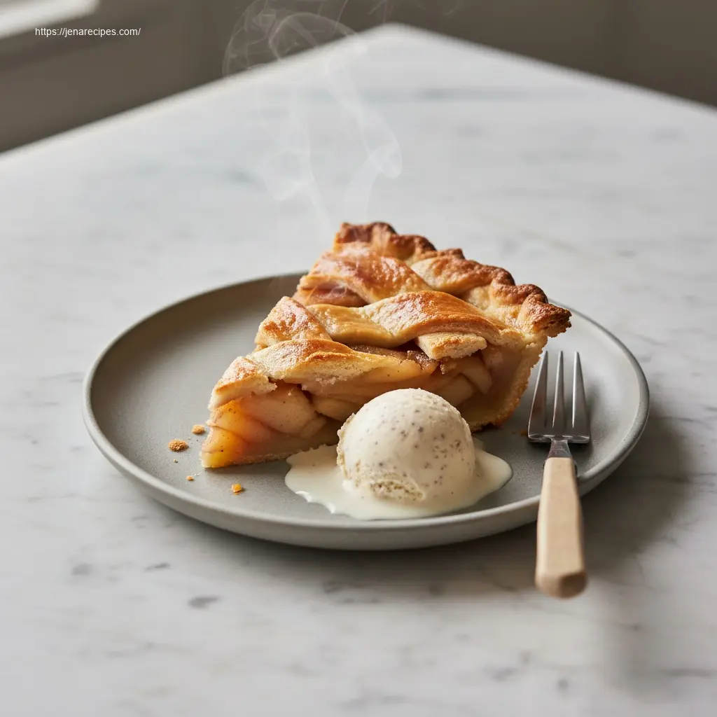 Warm Apple Pie Recipe slice with melting ice cream, 45-degree view.