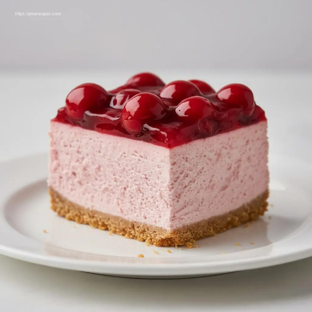 Slice of cherry cheesecake with sweet topping.