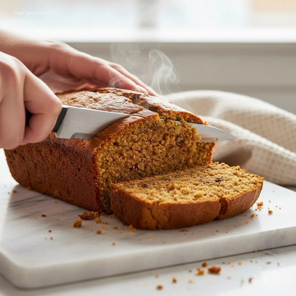 Close-up of Super Moist Pumpkin Bread being sliced.