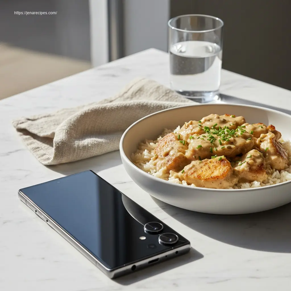 Hearty creamy smothered chicken and rice dish, 45-degree view.