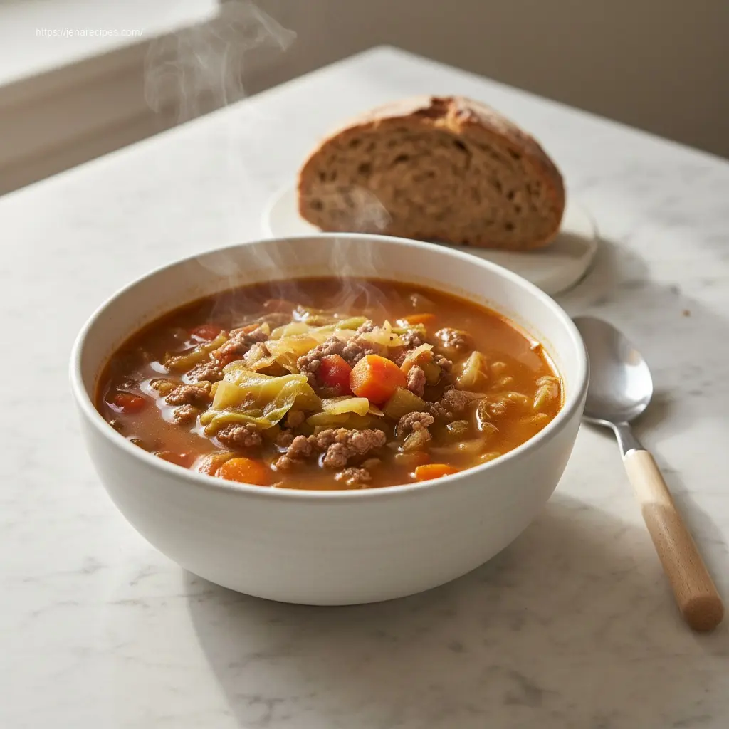Cabbage Fat-burning Soup with bread, 45-degree view.