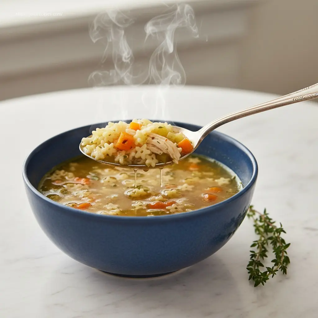 Spoon lifting delicate pastina from Italian Penicillin Soup.