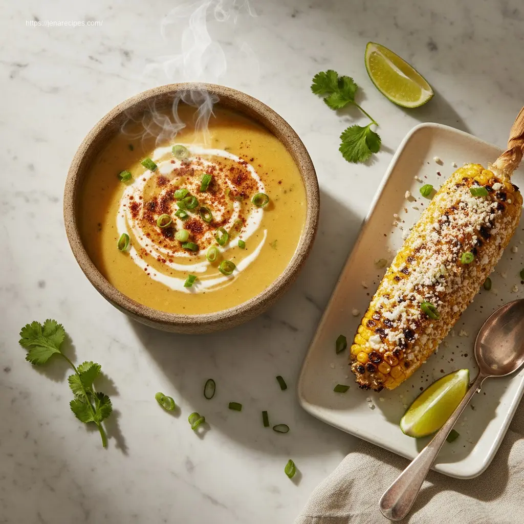 Warm, creamy Mexican Street Corn Soup with grilled elote