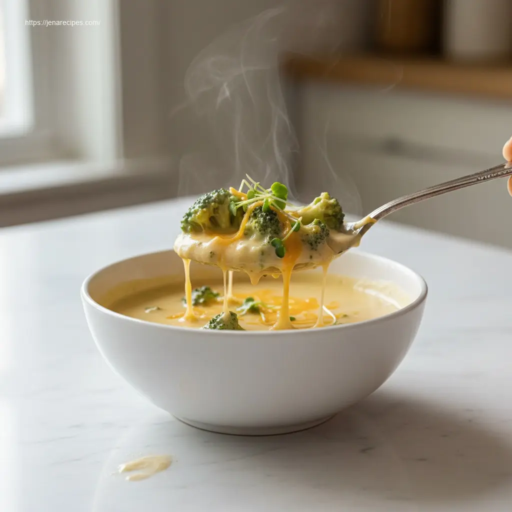Close-up of a spoon lifting High Protein Broccoli Cheddar Soup.