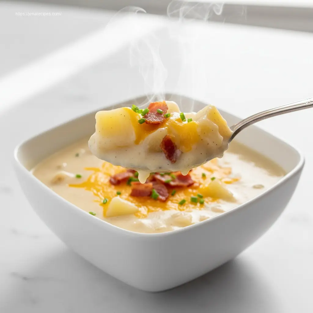 Spoonful of Loaded Baked Potato Soup, showing creamy texture.