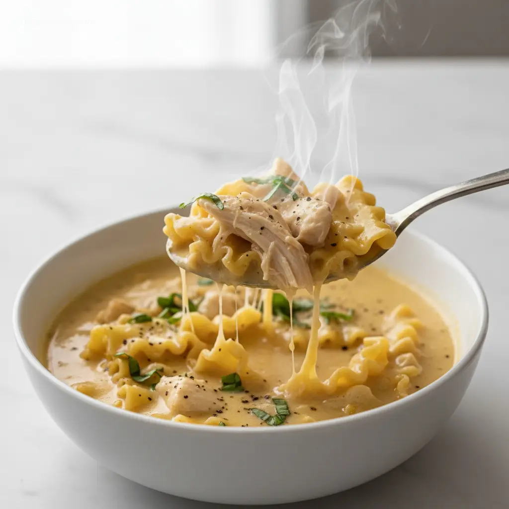 Spoon lifting White Chicken Lasagna Soup