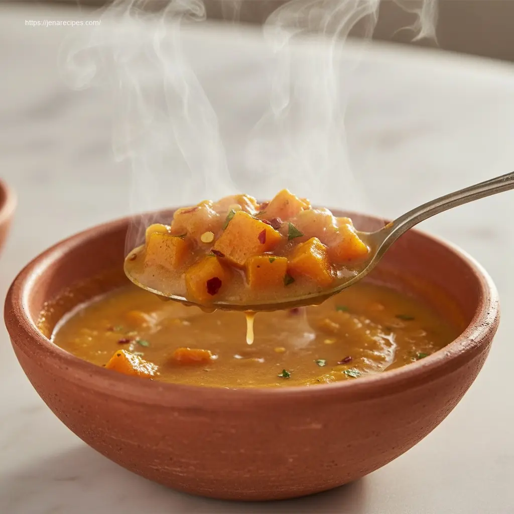 Spoon lifting Spicy Butternut Squash Sweet Potato Soup.