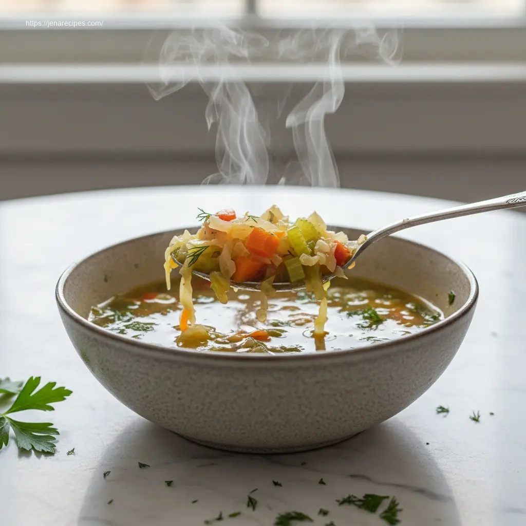 Spoon lifting a spoonful of Cabbage Soup Diet.