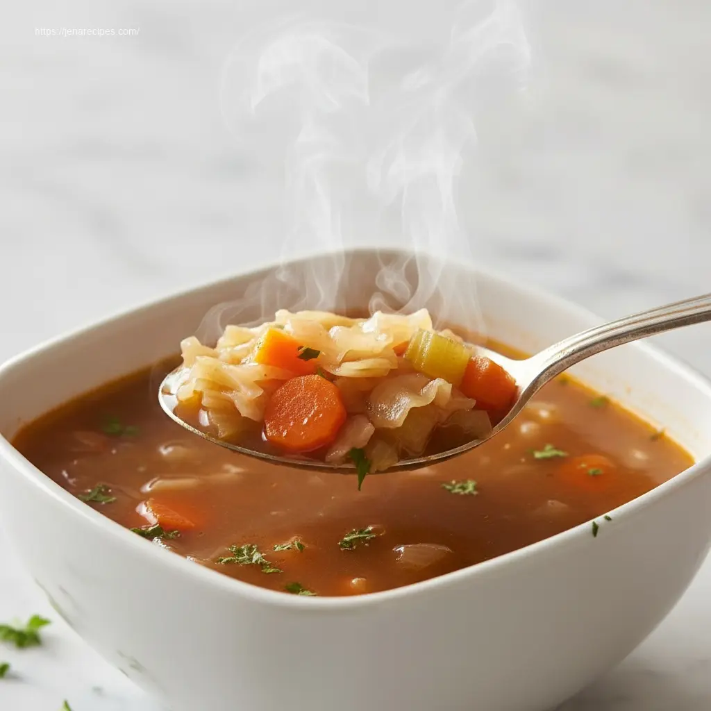 Spoon lifting Weight Watchers Cabbage Soup with vegetables