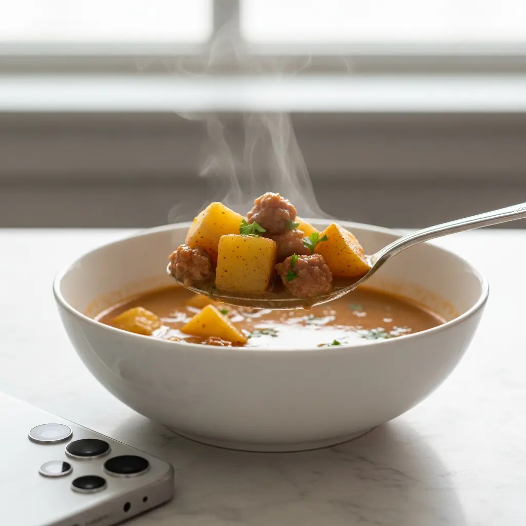 A spoonful of delicious sausage potato soup.
