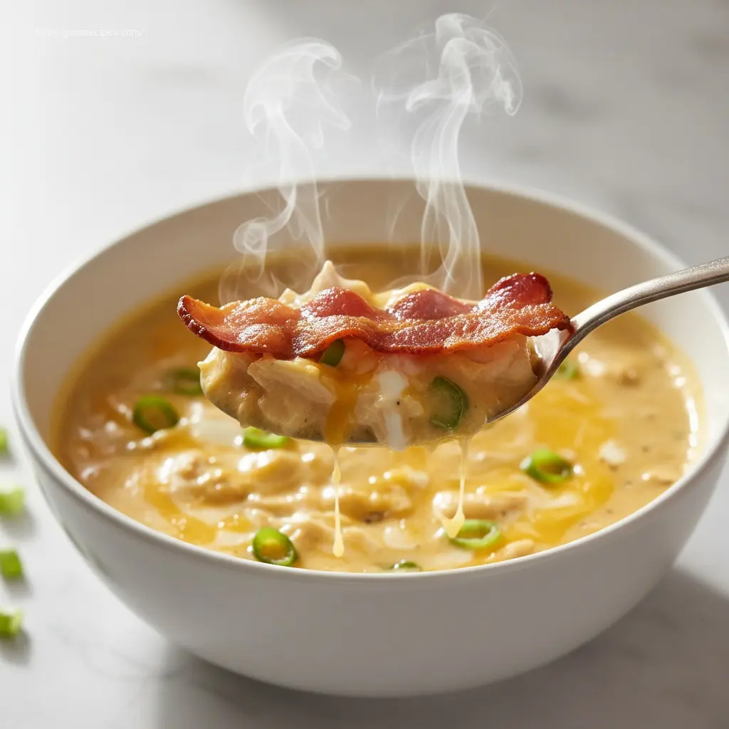 Spoon lifting creamy Jalapeno Popper Soup with chicken.