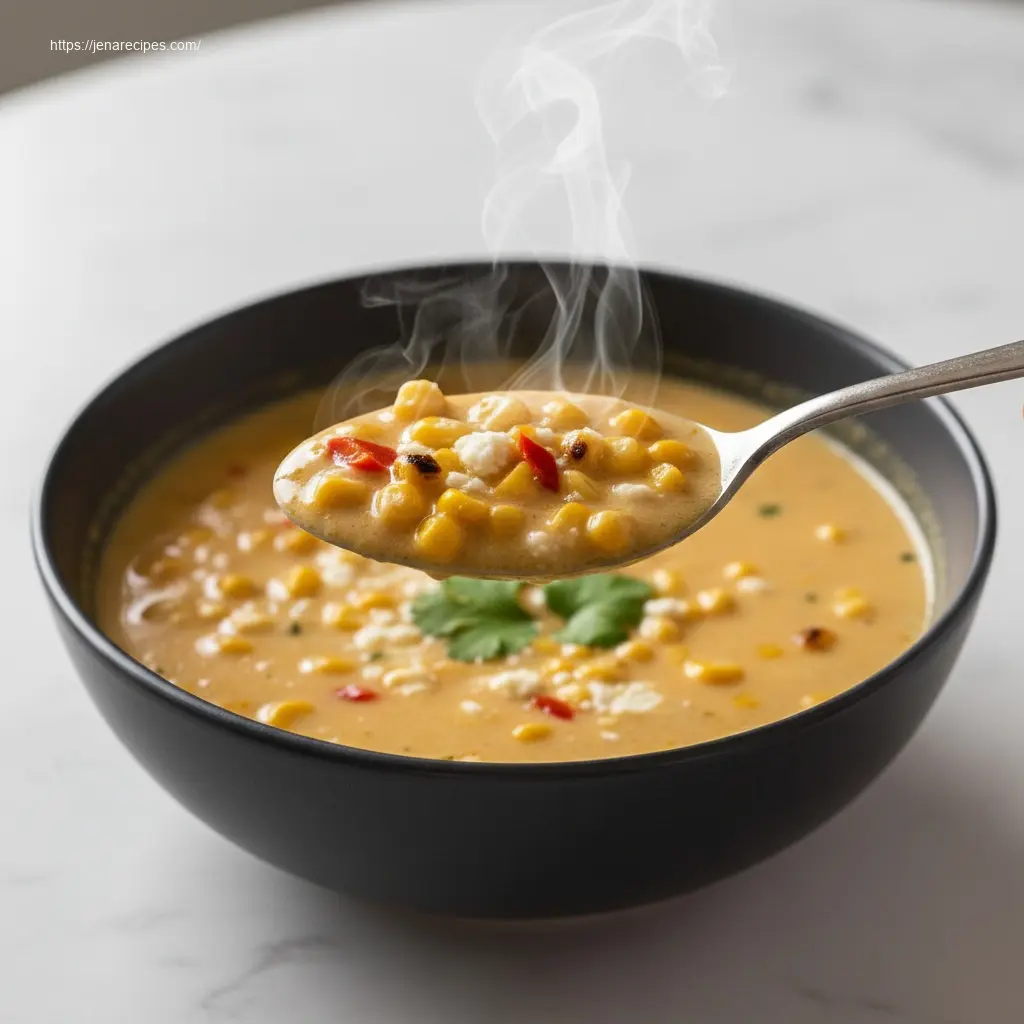 Spoon lifting creamy Mexican Street Corn Soup, showing texture