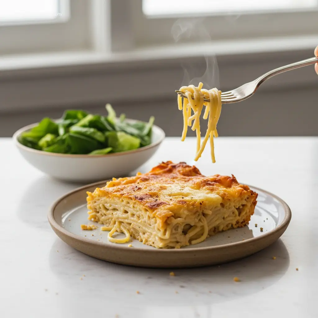 A tempting slice of Southern Chicken Spaghetti Bake.