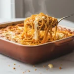 Spoon lifting Baked Cream Cheese Spaghetti Casserole