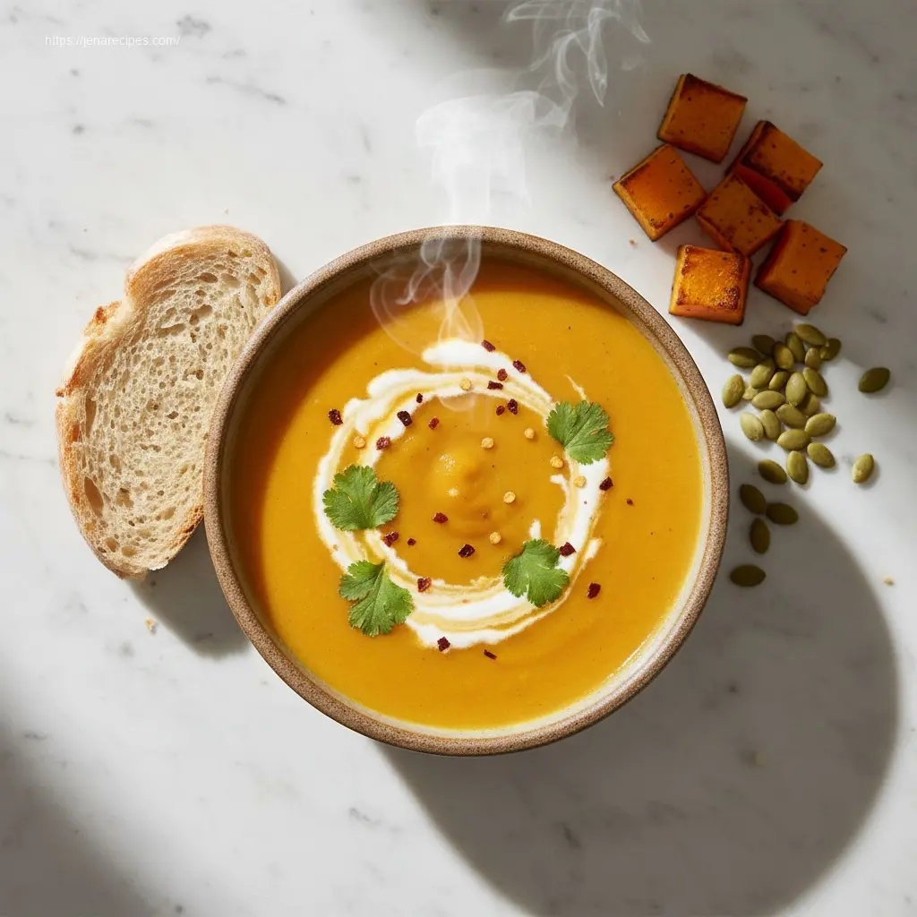 Delicious Spicy Butternut Squash Sweet Potato Soup with coconut cream.