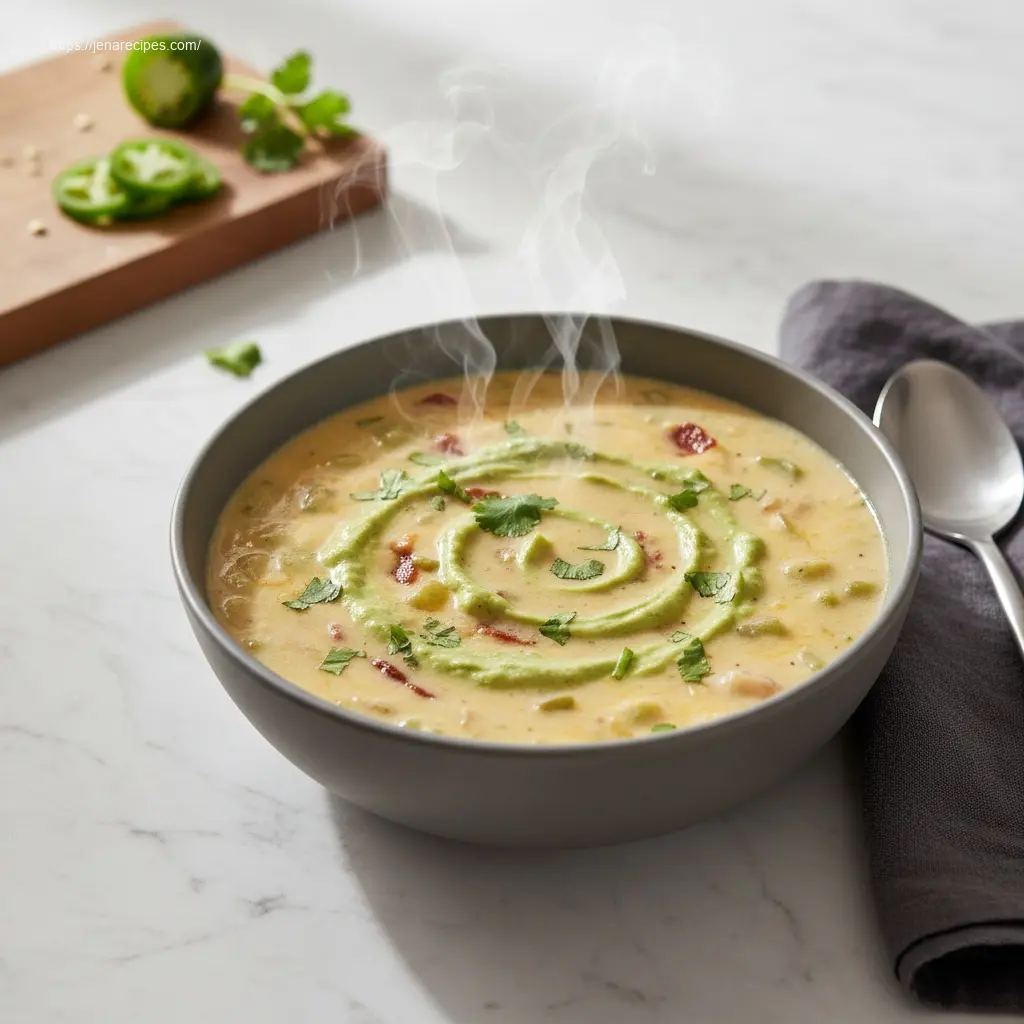 Spicy Jalapeno Popper Soup with avocado cream.