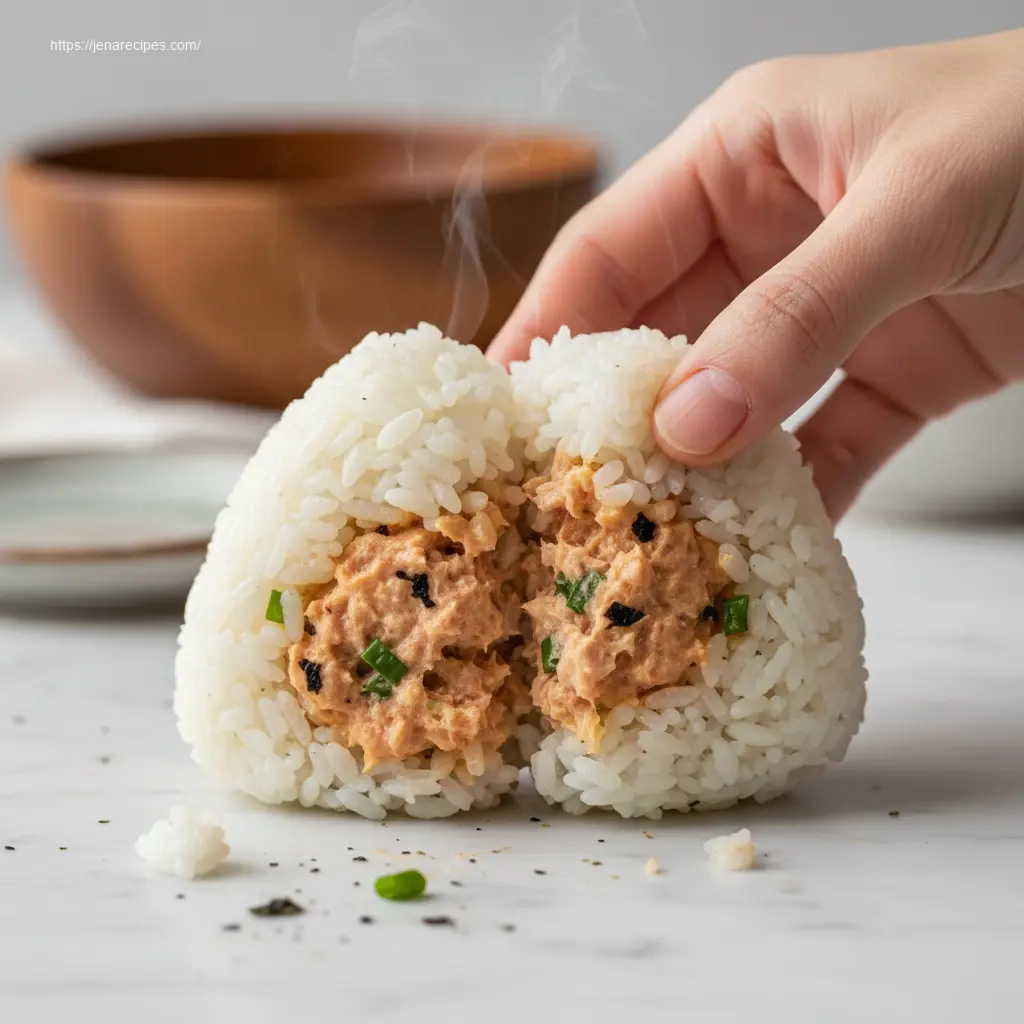 Close-up of a spicy tuna onigiri being broken open.